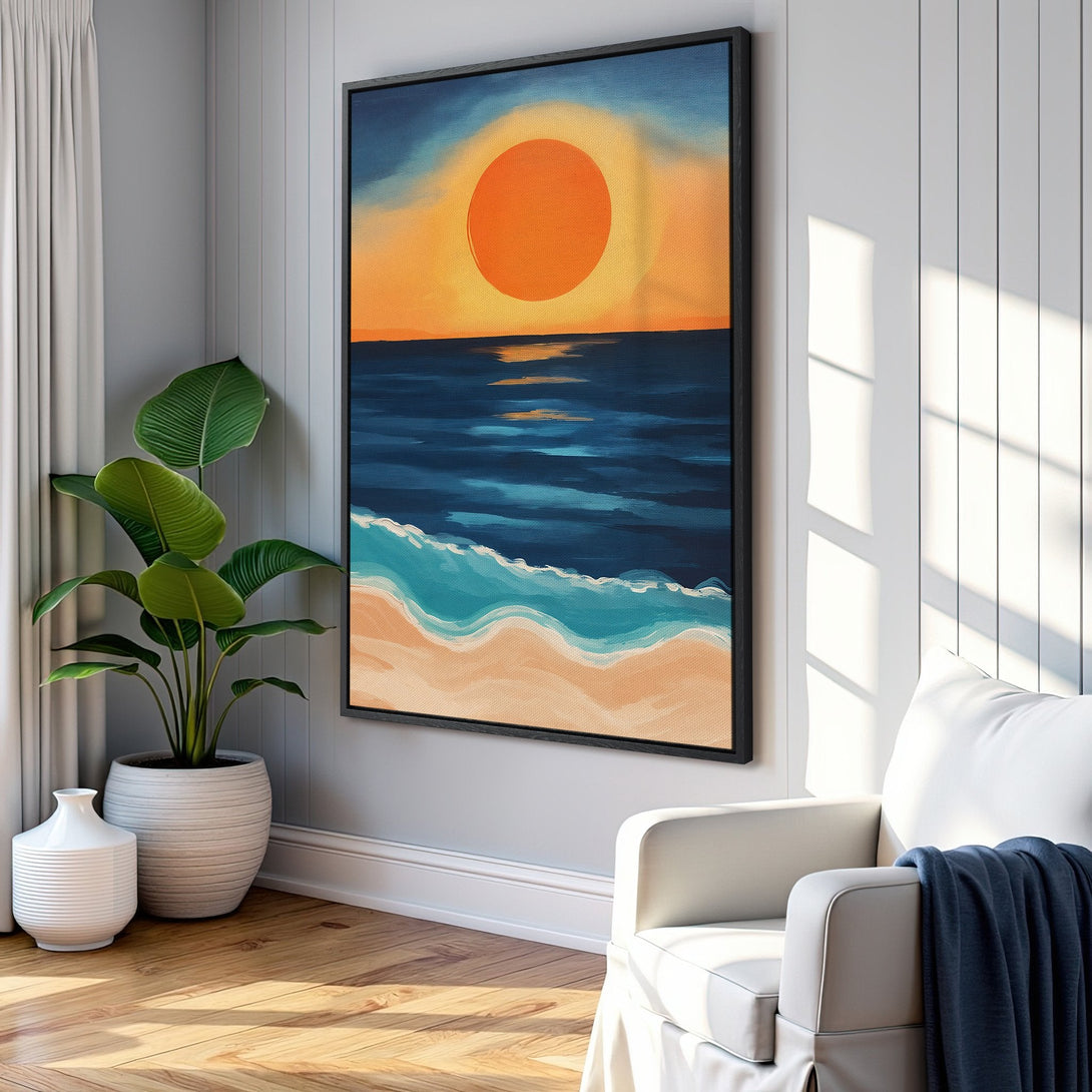 Framed Wall Art: Coastal sunset canvas print in blue, orange, and beige tones. Modern beach scene decor for a relaxing living room vibe.