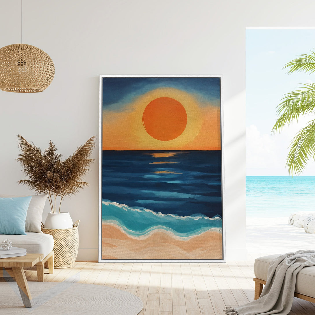 Framed Wall Art of a sunset over the ocean. Coastal style with warm orange and blue tones. Perfect for adding a relaxing vibe to your home.