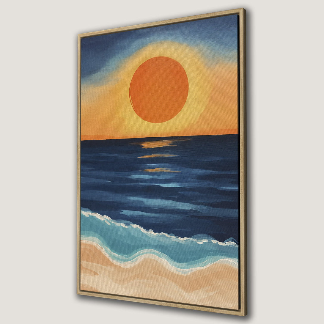 Framed Wall Art of a sunset over the ocean. Coastal painting with warm orange, blue, and beige tones. Perfect for adding a calming touch to your home.