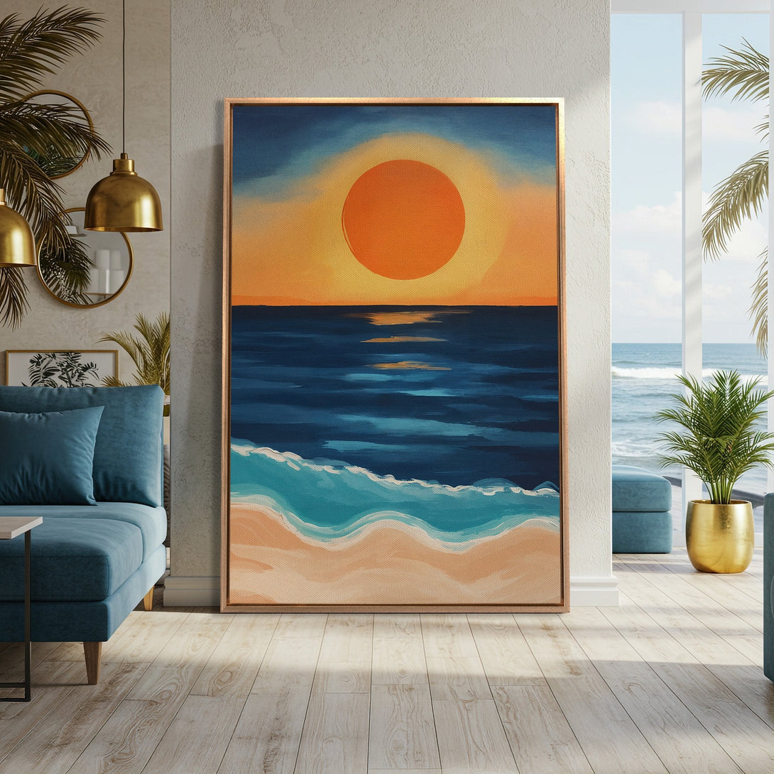 Framed Wall Art of a sunset over the ocean in a modern interior. Featuring a warm orange and blue color palette, bringing coastal vibes to any space.