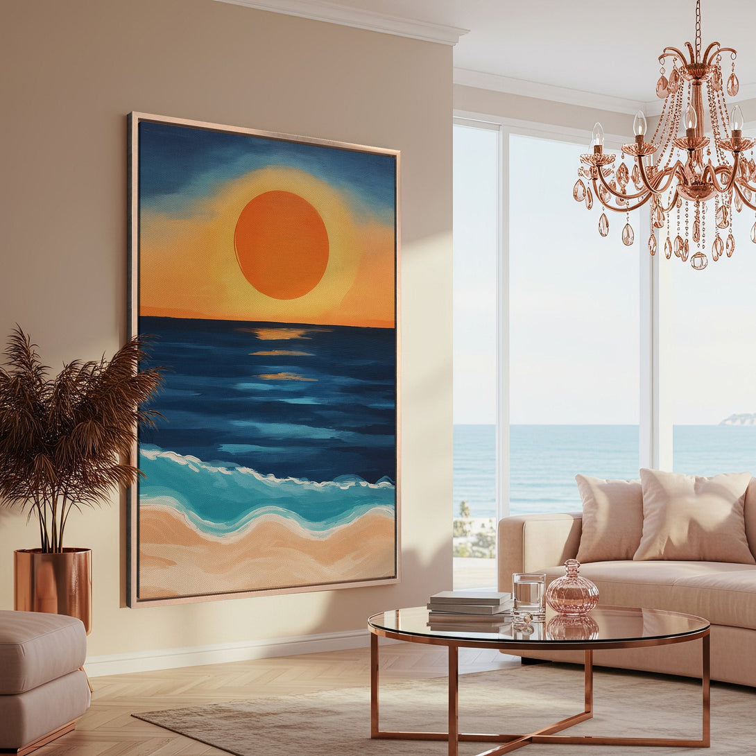 Framed Wall Art: Coastal sunset Canvas Print in a modern living room. Features a vibrant blue, orange, and beige color palette, perfect for adding a touch of serenity.