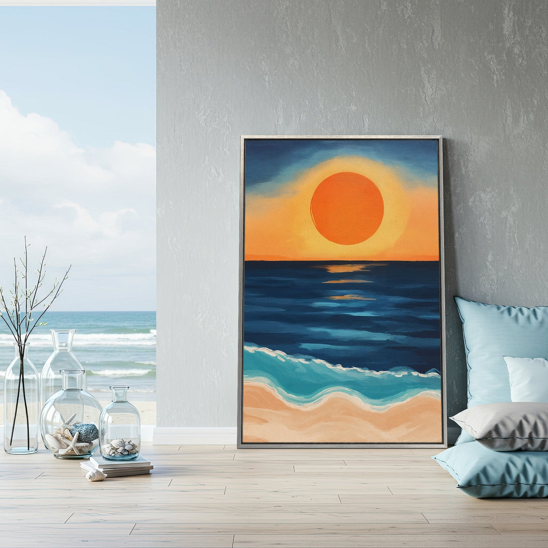 Framed Wall Art: Coastal sunset canvas print in warm orange and blue tones. Perfect for adding a touch of serenity and style to your home decor.