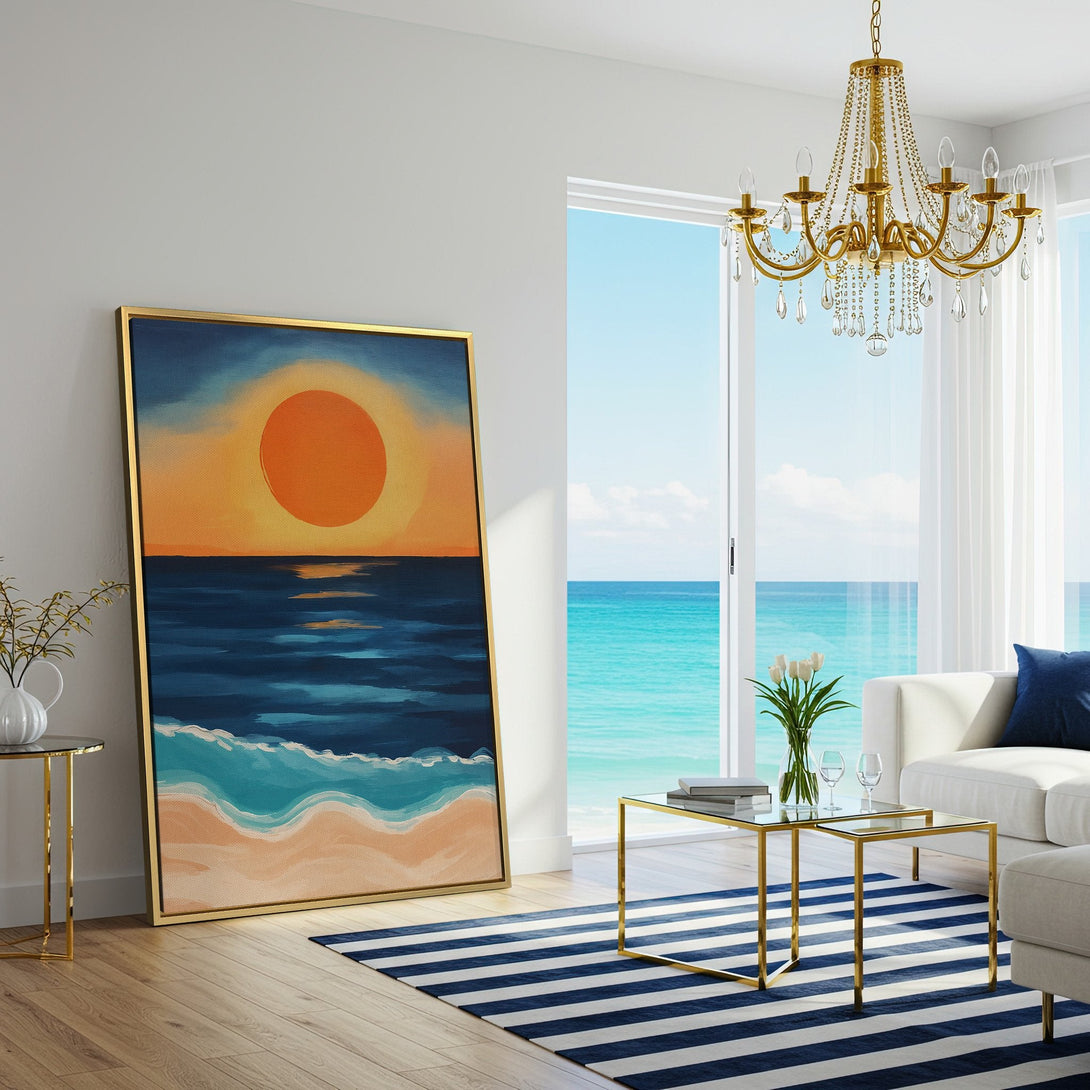 Canvas Print of a sunset over the ocean, displayed in a bright living room. Features a warm orange and blue color palette, perfect for coastal decor.