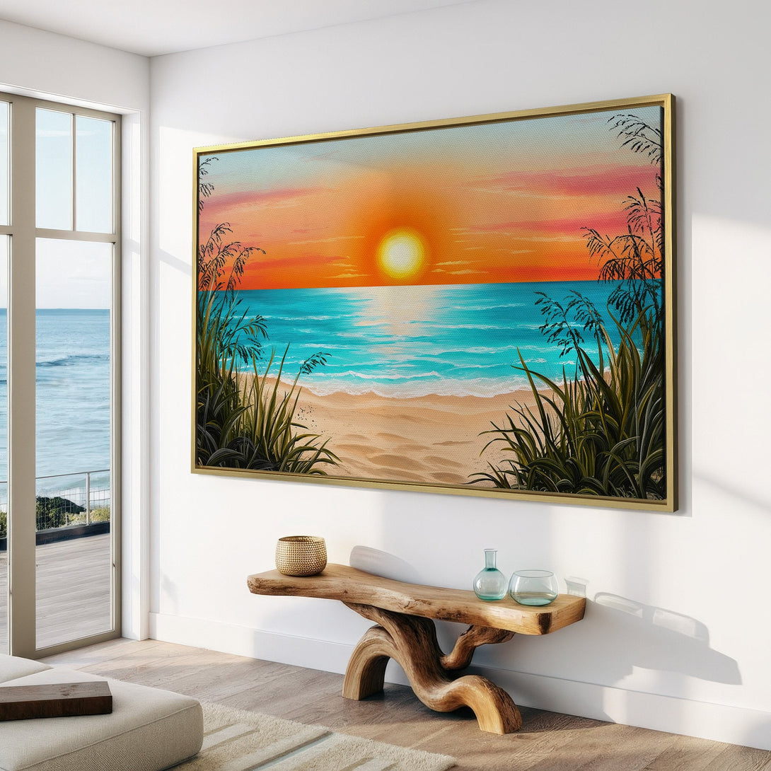 Canvas Print of a sunset beach scene. Coastal style art with warm orange, blue, and sand tones. Perfect for adding a relaxing vibe to your home.