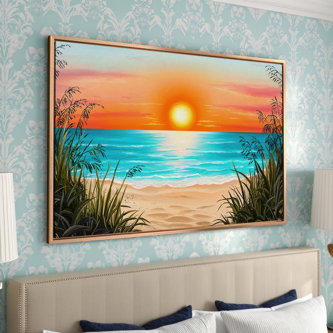 Framed Wall Art: Beach sunset Canvas Print in warm orange, teal, and beige tones. Coastal art to brighten any space!
