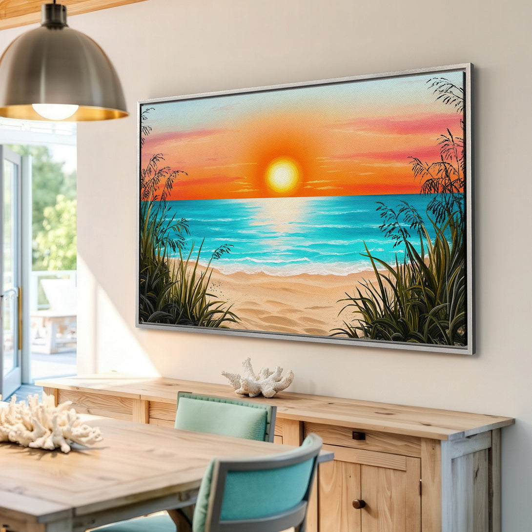 Framed Wall Art: Beach sunset painting in vibrant orange, turquoise, and green. Coastal decor for a relaxing vibe.