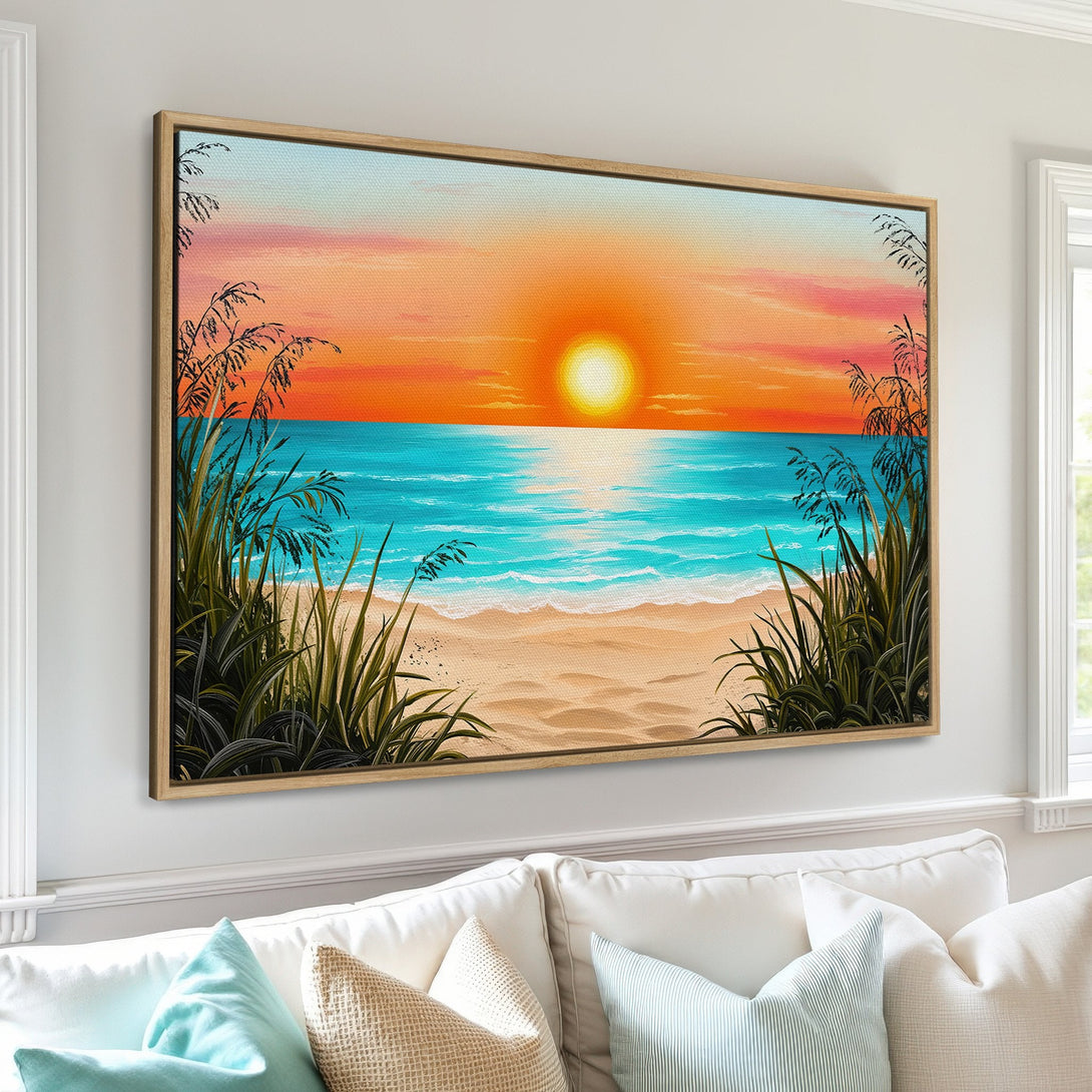 Canvas Print of a beach sunset with vibrant orange, blue, and green hues. Coastal wall art in a modern style, perfect for adding warmth to any room.