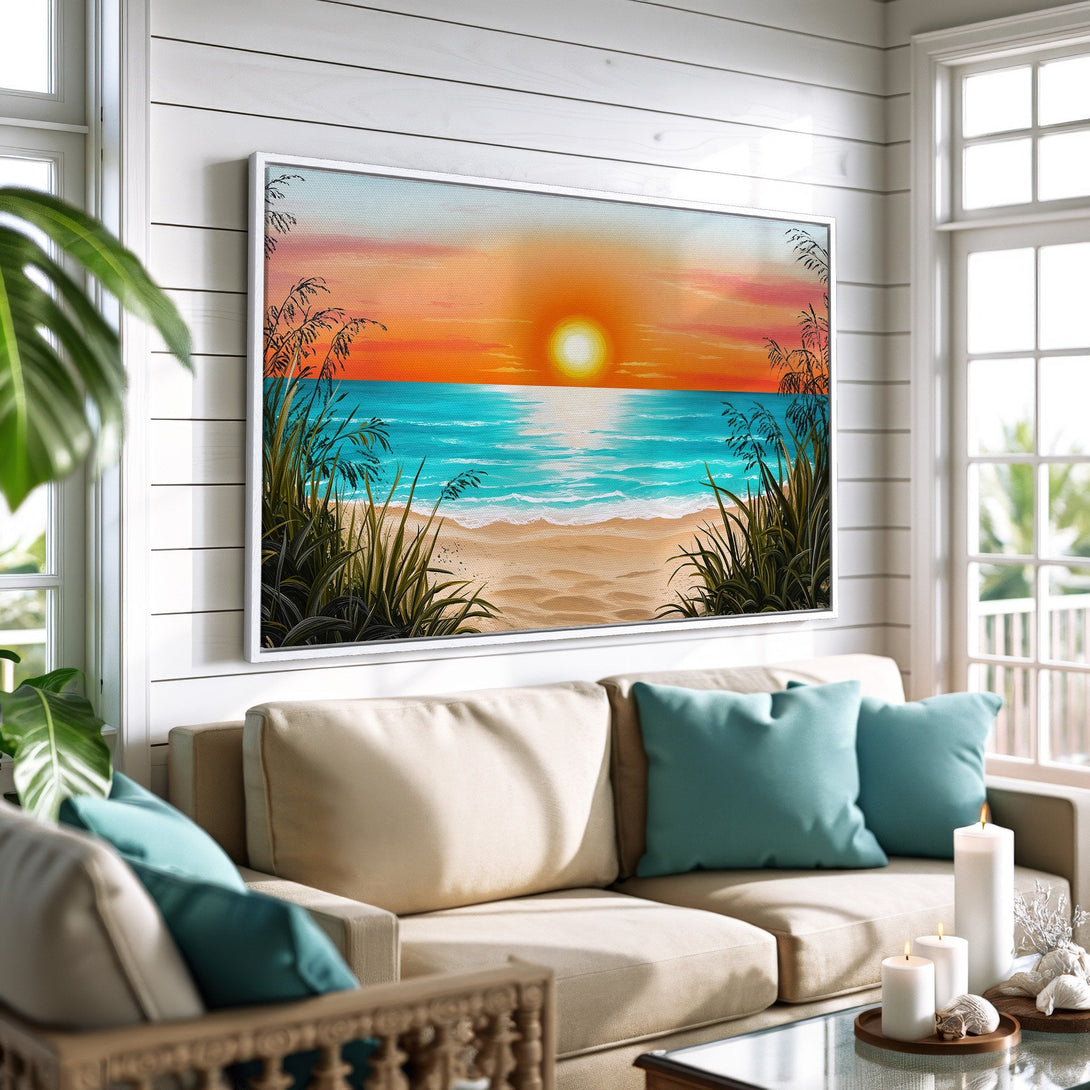 Framed Wall Art: Sunset beach scene in warm orange, blue, and beige tones. Coastal style canvas print adds a relaxing vibe to any room.