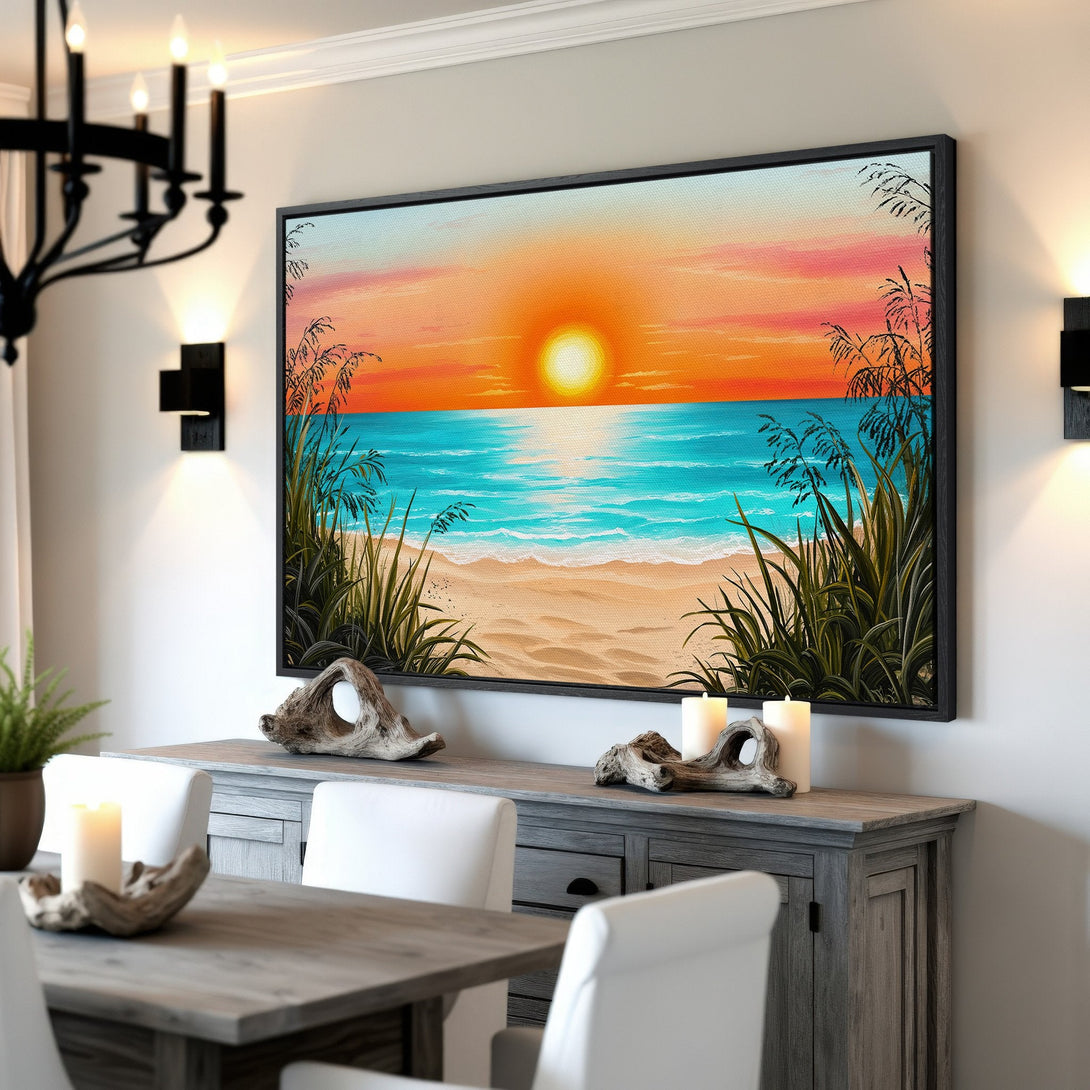 Framed Wall Art: Sunset beach scene in vibrant orange, blue, and green. Coastal art canvas print adds warmth to any space.