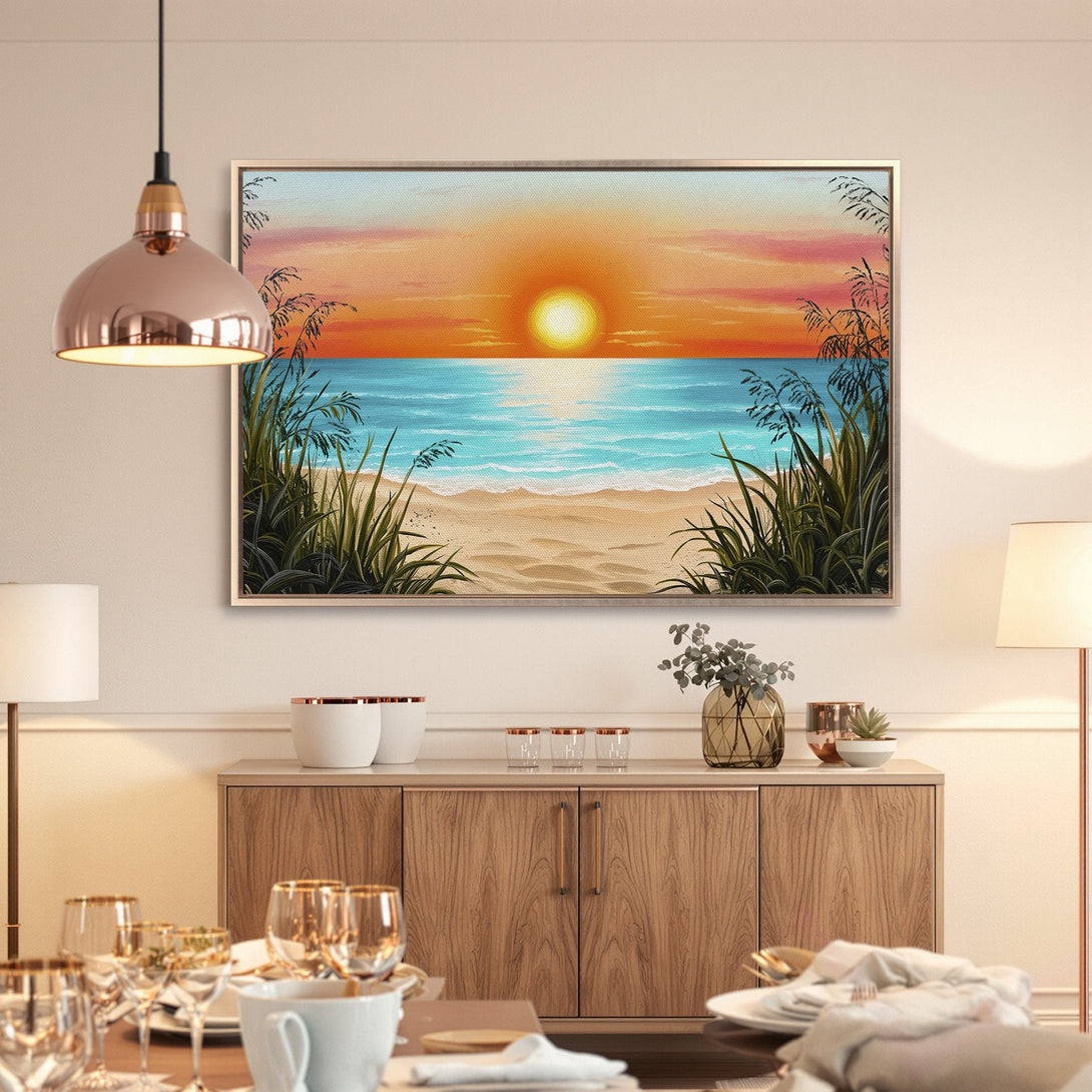 Framed Wall Art: Sunset beach scene with warm orange, blue, and green hues. Coastal decor for a relaxing vibe. Add a touch of paradise to your home.