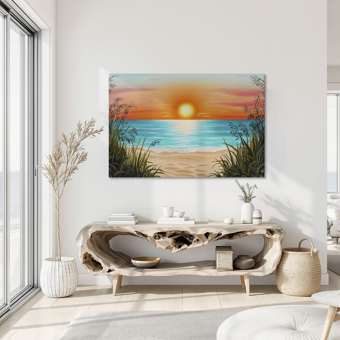 Framed Wall Art: Coastal sunset canvas print in vibrant orange, blue, and sand tones. Perfect beach-themed artwork for your home decor.