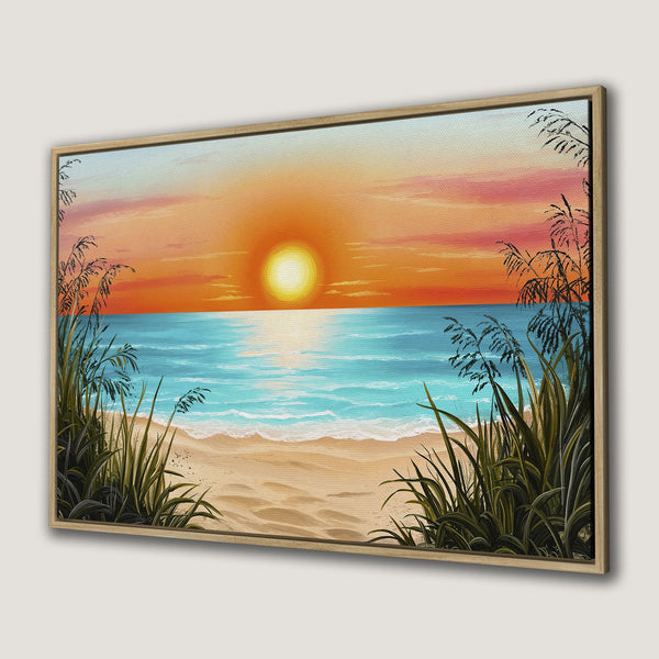 Canvas Print of a beach sunset with warm orange, blue, and green hues. Coastal art for a relaxing vibe.