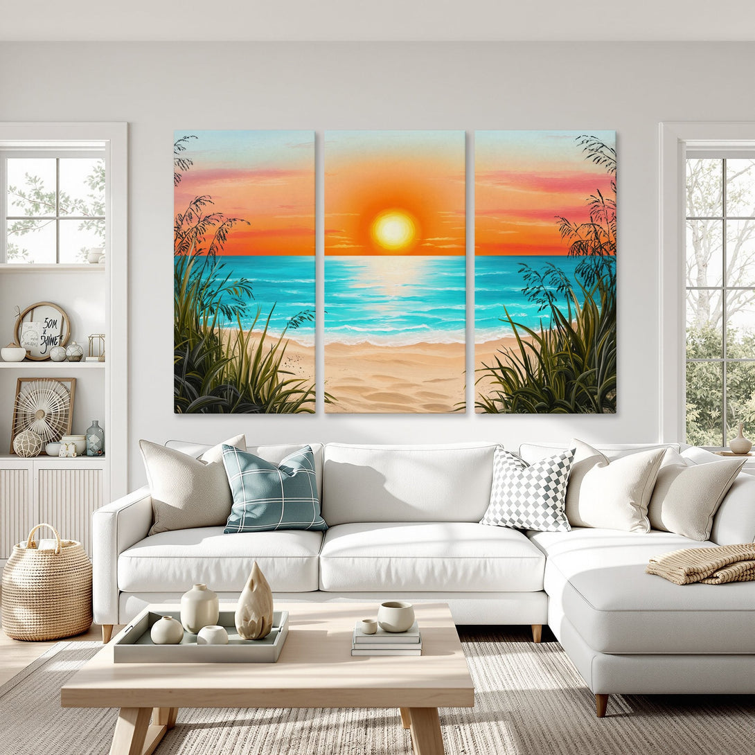 Canvas Print of a sunset beach scene in vibrant orange, blue, and teal. Coastal wall art adds warmth and style to any living room.