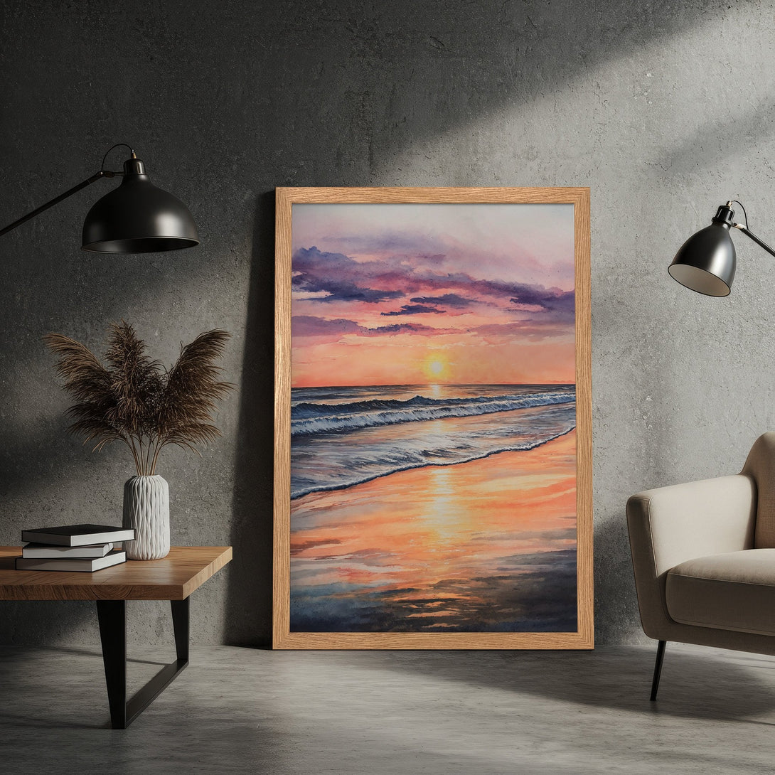Framed Poster featuring a watercolor sunset over the ocean. Warm orange, pink, and blue color palette. Perfect wall art for your home!