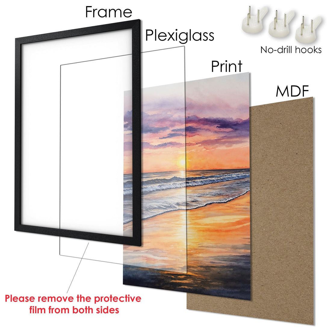 Framed Poster featuring a sunset beach scene in watercolor style, with warm orange and purple hues. Perfect wall art!