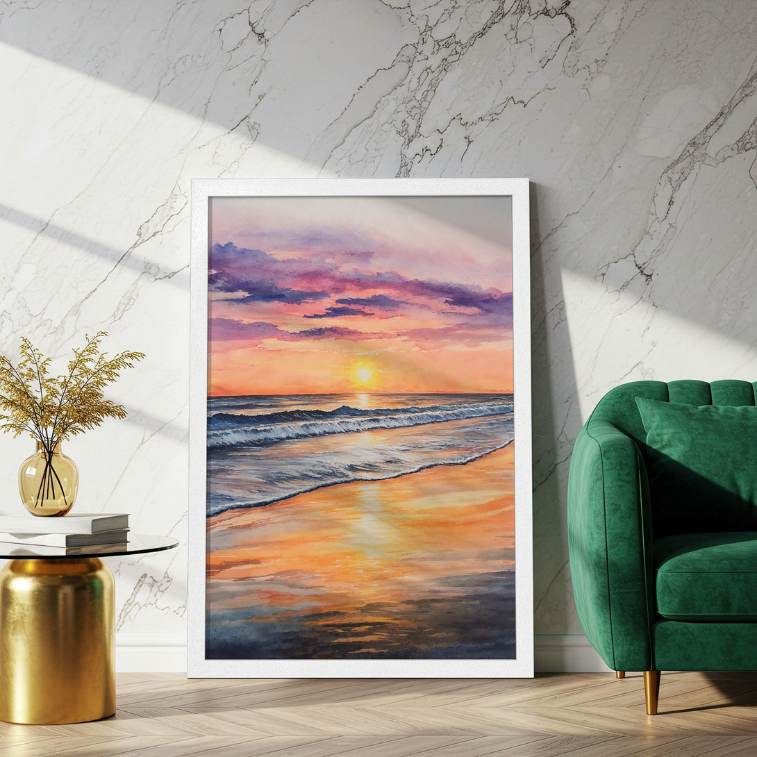 Framed Poster of a serene beach sunset in watercolor style, featuring warm orange and purple hues. Perfect wall art!