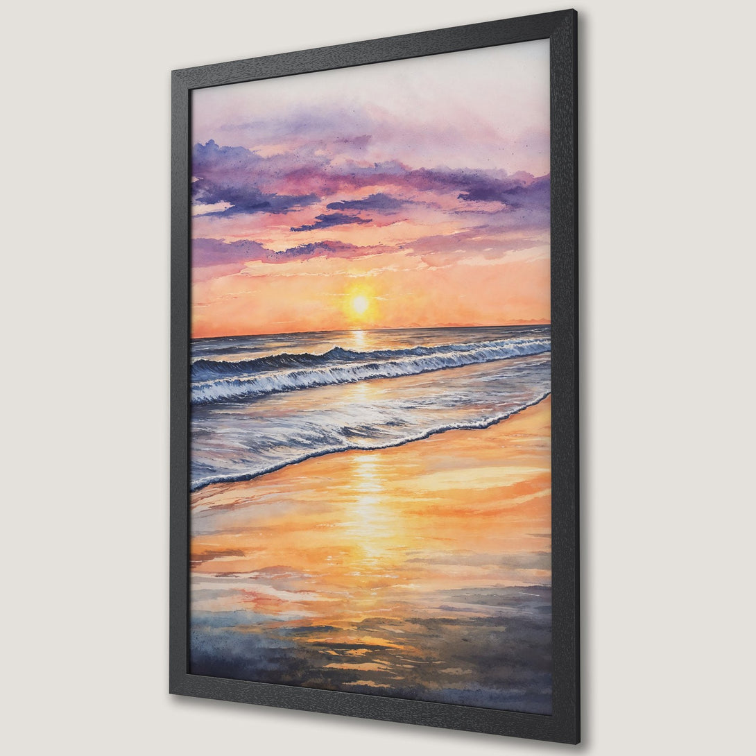 Framed Poster: Watercolor sunset over ocean. Features orange, purple, and blue hues. Perfect wall art for a calming vibe.