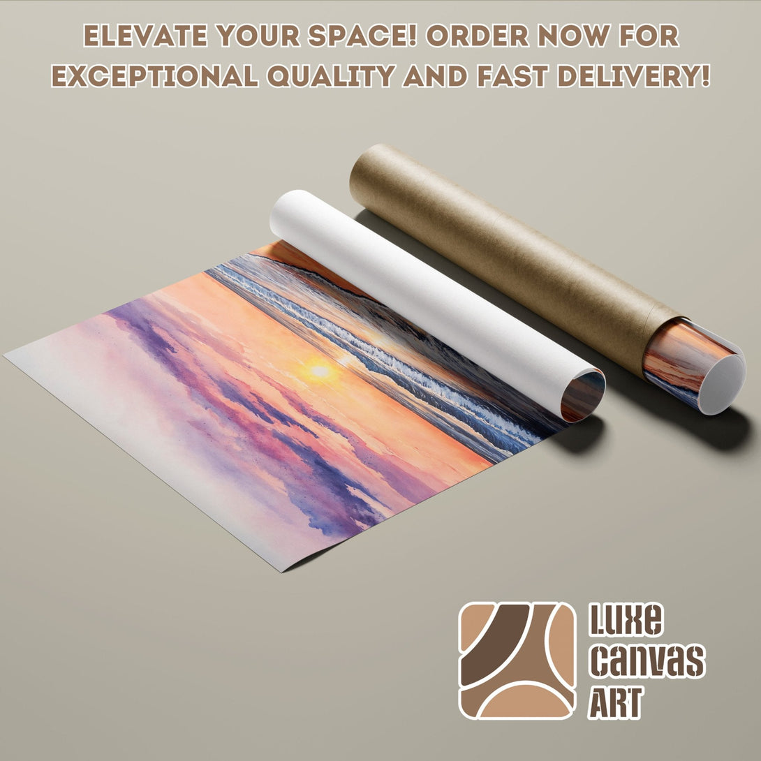 Poster Roll of a sunset watercolor painting, featuring vibrant orange, purple, and blue hues. Elevate your space today!