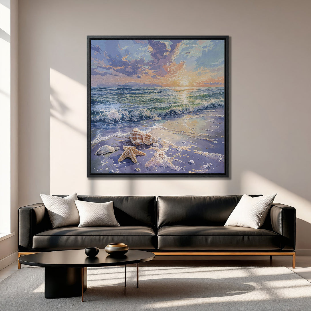 Framed Wall Art: Coastal scene canvas print with seashells, starfish, and sunset in a blue, purple, and orange palette. Perfect for beach house decor.