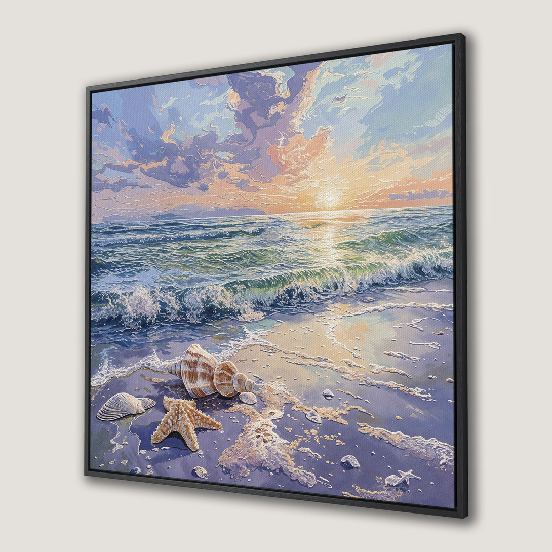 Framed Wall Art: Coastal beach scene Canvas Print with seashells, sunset, and ocean waves in a calming blue and orange palette. Perfect for coastal decor.