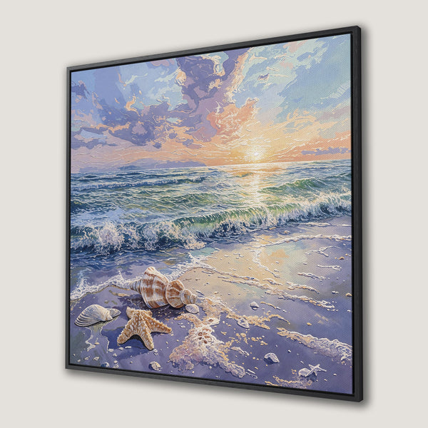 Framed Wall Art: Coastal beach scene Canvas Print with seashells, sunset, and ocean waves in a calming blue and orange palette. Perfect for coastal decor.