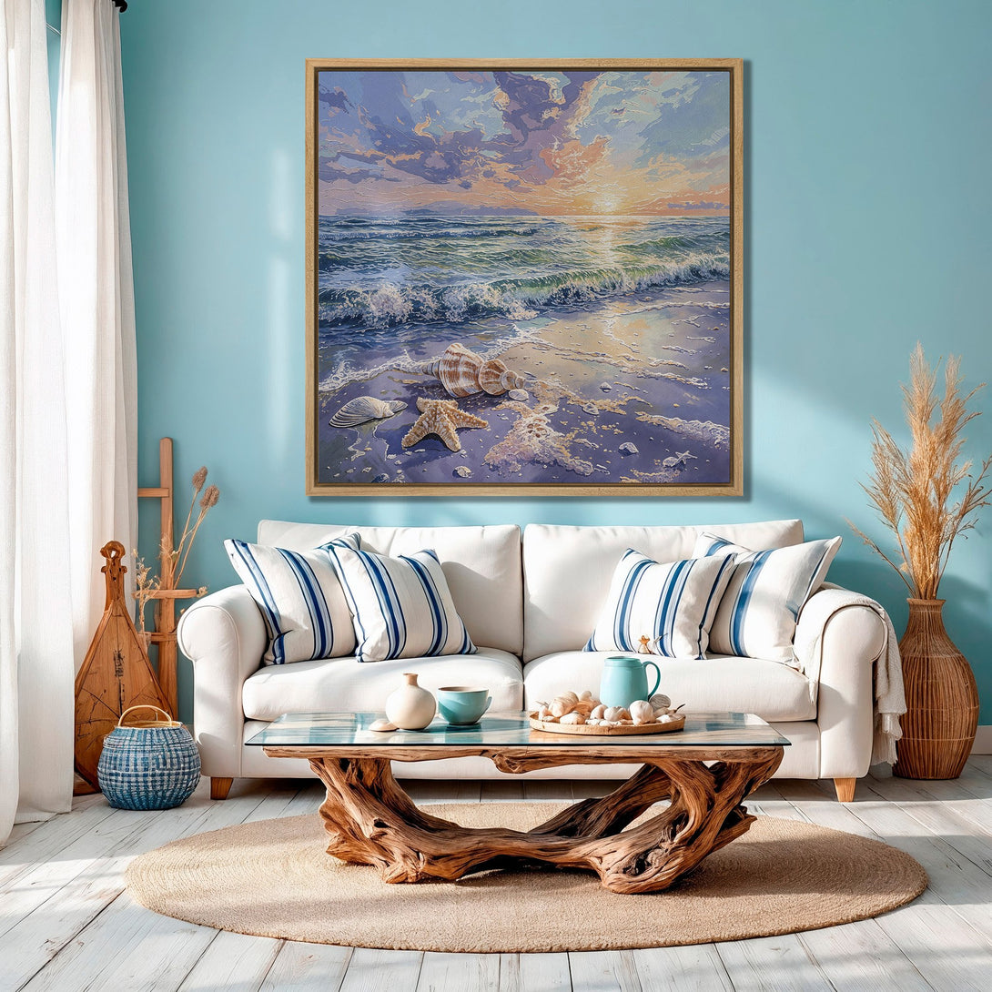 Framed Wall Art Canvas Print of a serene beach scene with seashells, sunset colors, and a coastal style, displayed in a cozy, bright living room.