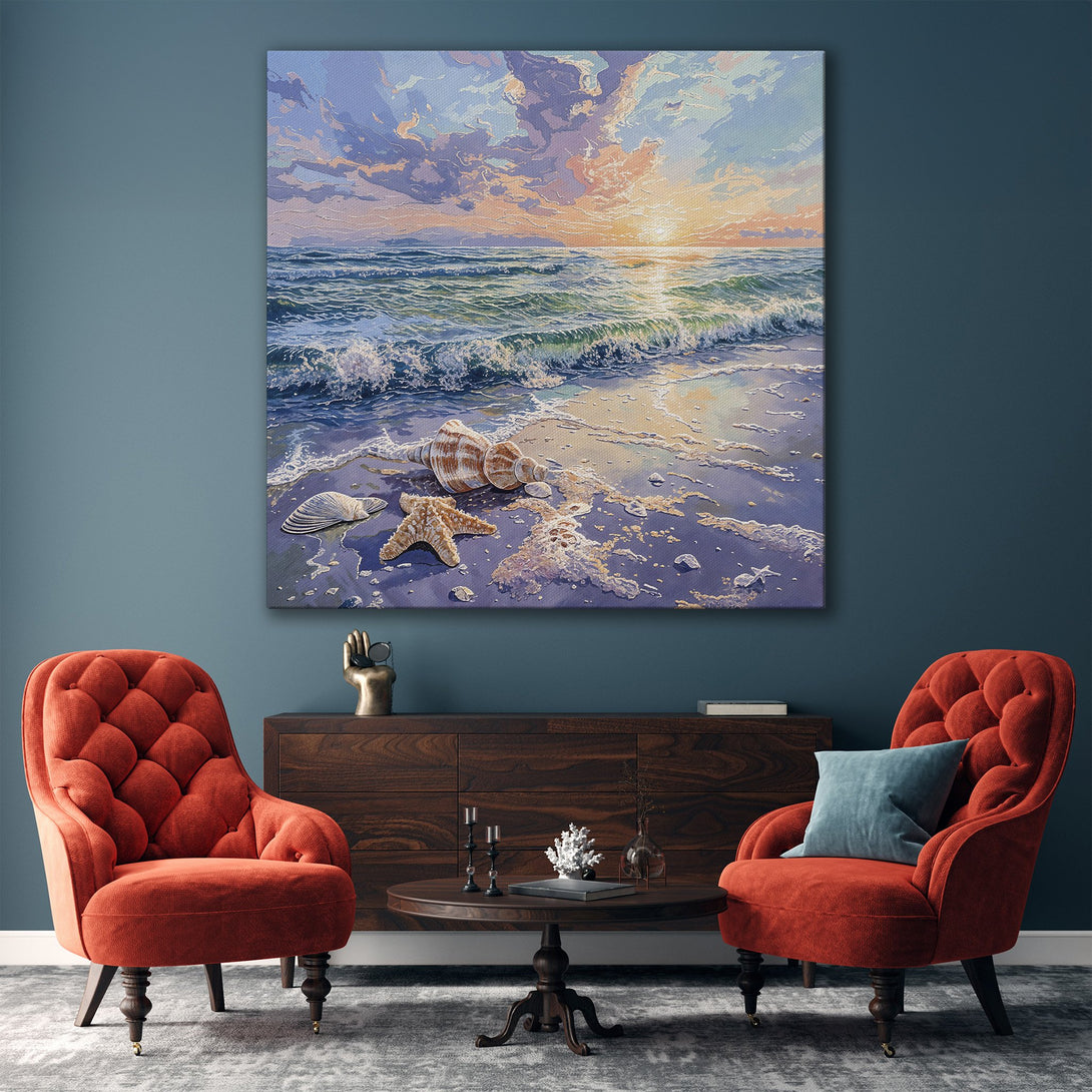Framed Wall Art: Coastal sunset painting with seashells, in a gold frame. Featuring a blue, gold, and soft color palette, perfect for any home decor.