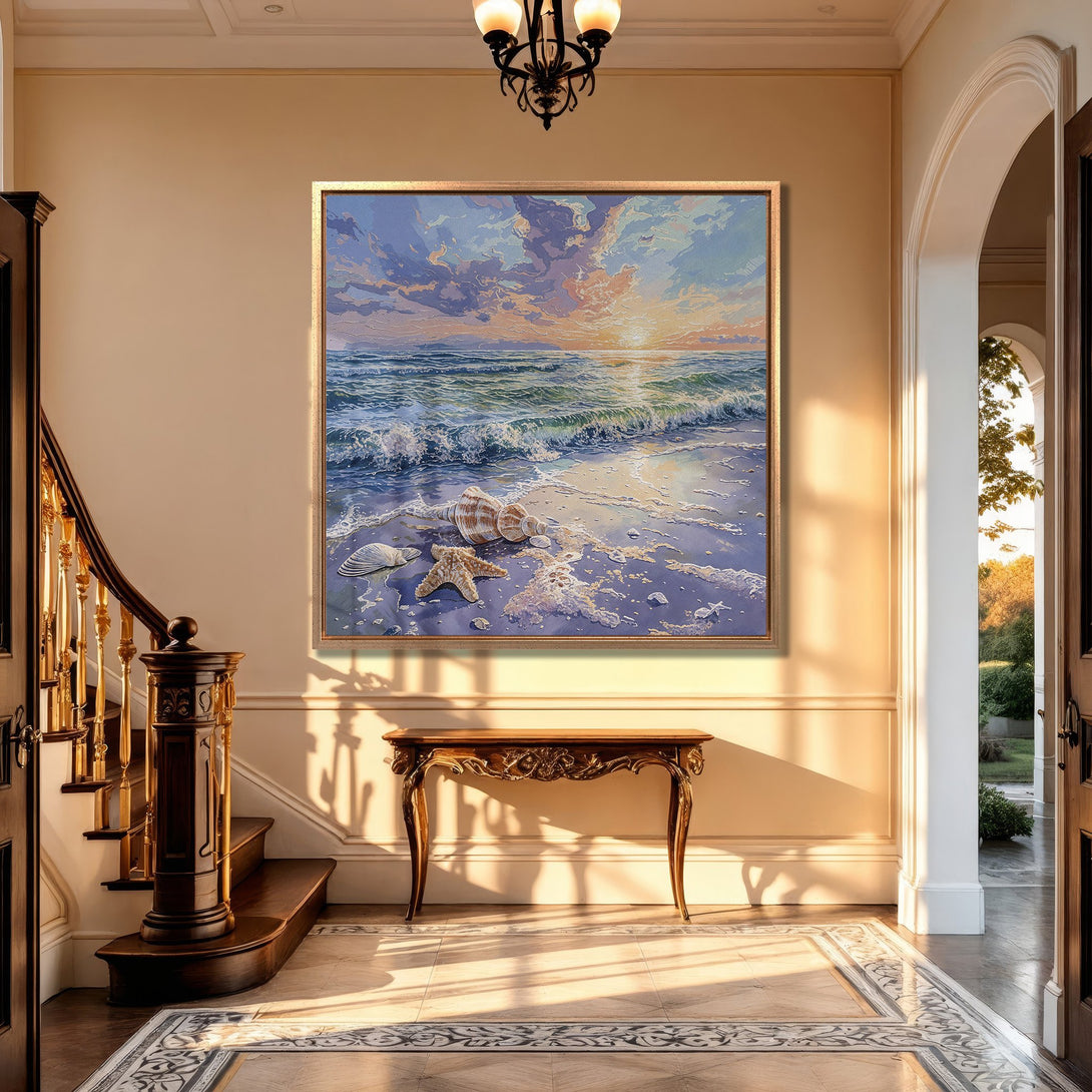 Framed Wall Art: Coastal sunset canvas print with seashells. Serene seascape art in blue, gold, and peach tones. Perfect for adding a touch of tranquility.