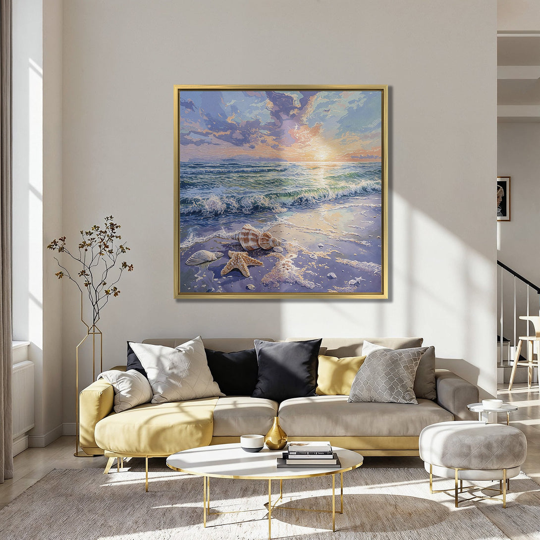 Canvas Print of a serene beach scene with seashells. Coastal wall art in blue, gold, and orange hues. Perfect for adding a touch of tranquility.