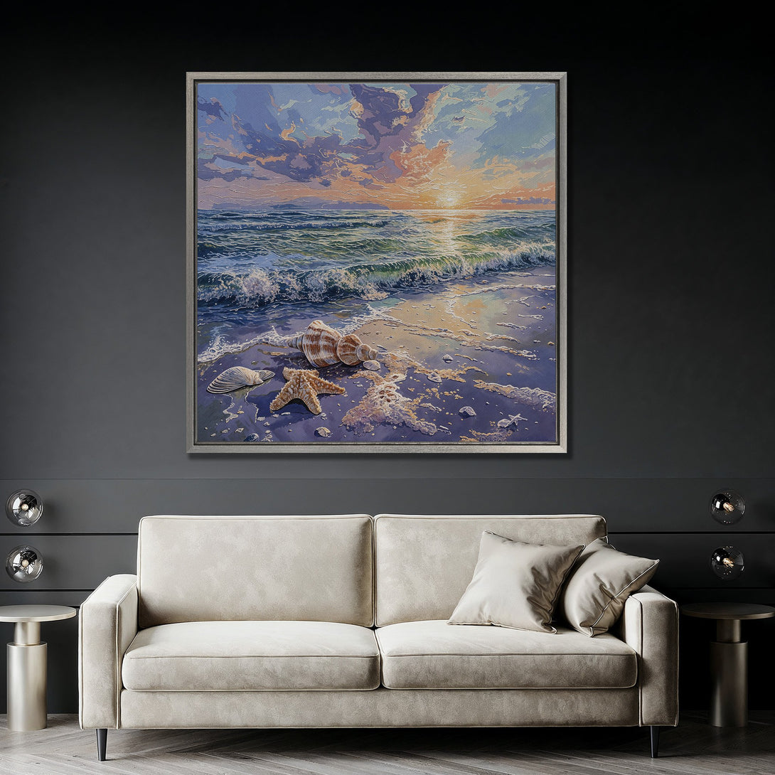 Framed Wall Art: Coastal sunset Canvas Print with seashells, starfish, and ocean waves. Blue, orange, and purple color palette. Perfect for beach house decor.