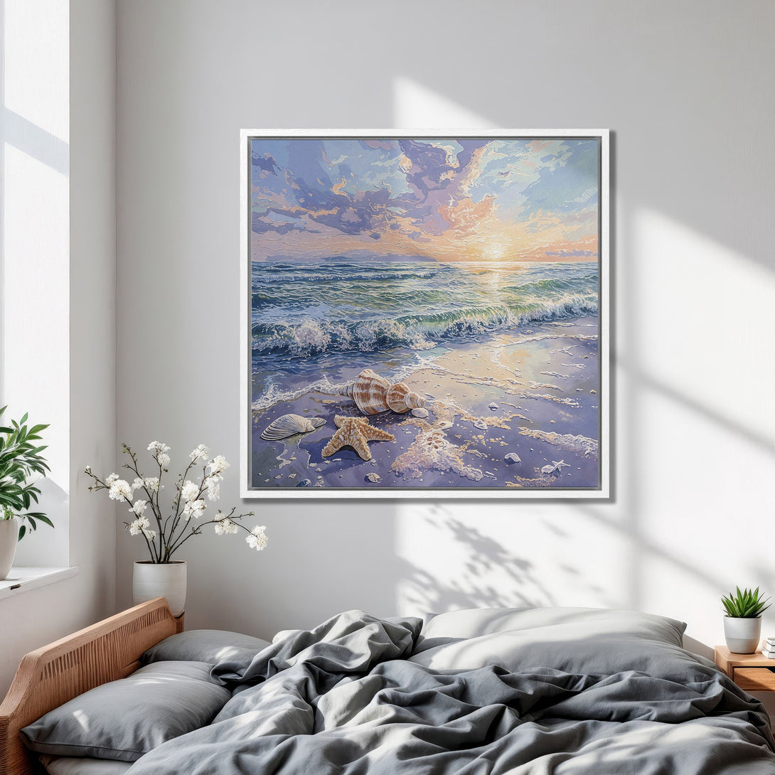 Framed Wall Art: Coastal scene Canvas Print with ocean waves, shells, and sunset in a calming blue and gold palette. Perfect for bedroom decor.