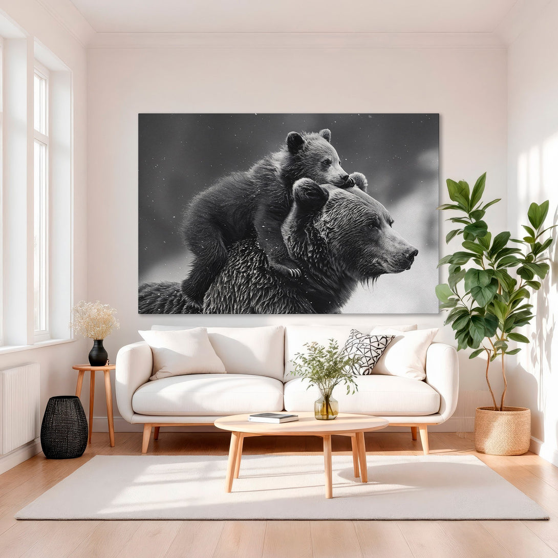 Framed Wall Art: Black & white bear portrait. Modern canvas print with gold frame. Neutral color palette. Perfect for living room decor.