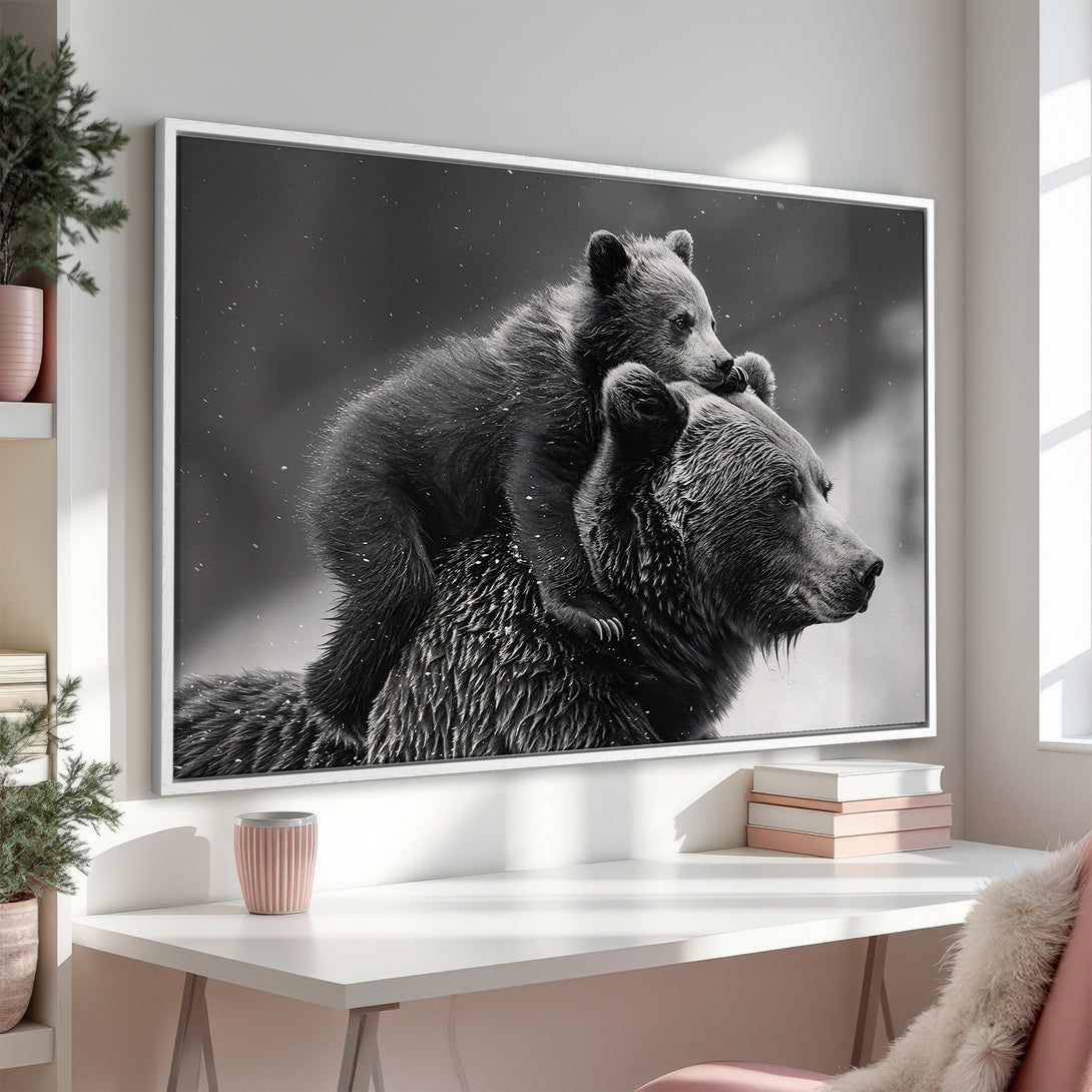 Framed Wall Art: Black and white bear family portrait. Modern, minimalist style with a neutral color palette. Perfect for adding a touch of nature to your home.