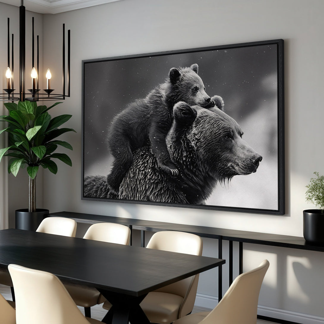 Framed Wall Art: Black and white bear canvas print. Modern interior decor with a monochrome color palette. Add wildlife art to your home.