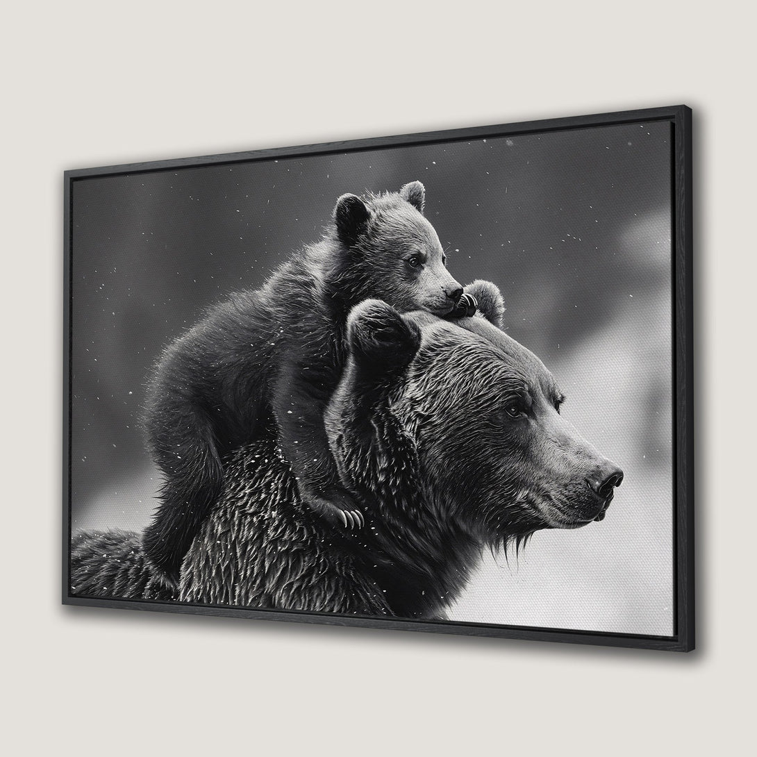 Framed Wall Art: Majestic black and white Canvas Print of a mother bear and cub. Perfect wildlife art for your home decor.