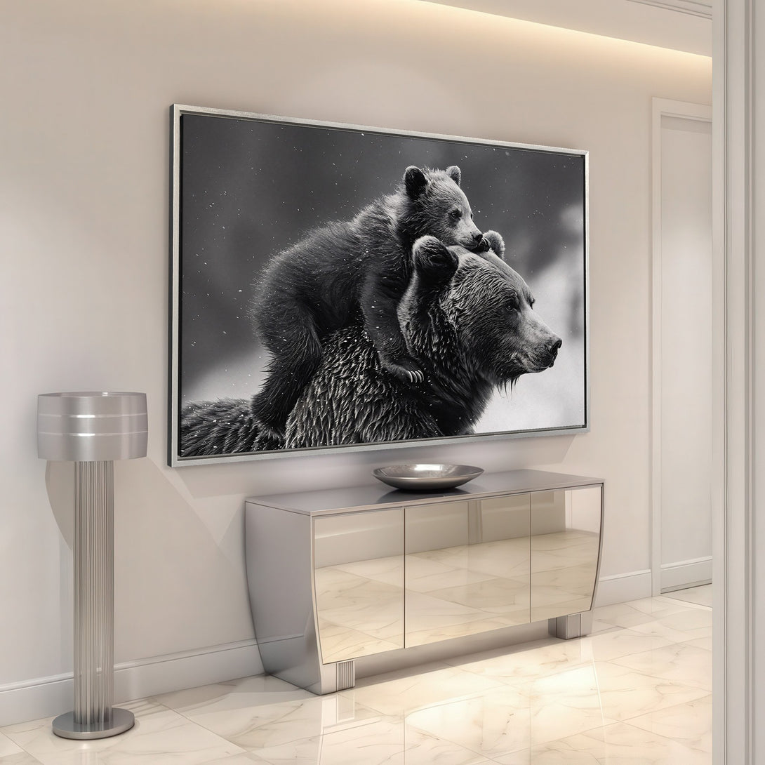 Framed Wall Art: Black and white Canvas Print of a mother bear and cub. Modern wildlife art in a contemporary interior. Perfect for home decor.