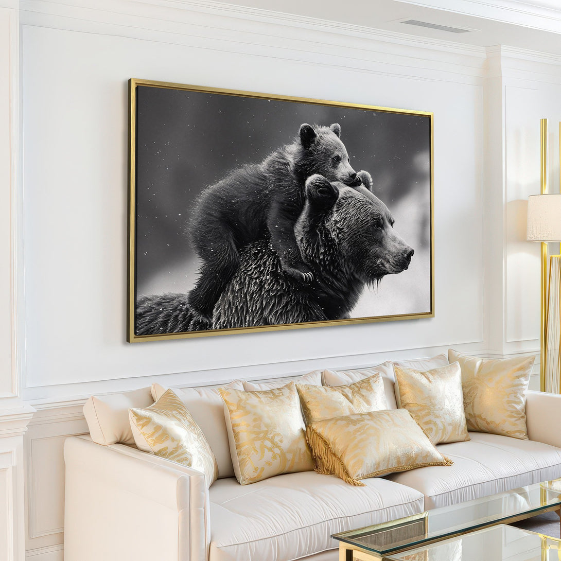 Canvas Print featuring a black and white image of a mother bear and cub. Modern style wall art, perfect for any living room.