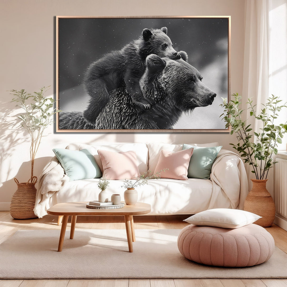 Framed Wall Art featuring a black and white image of bears. Modern style with neutral color palette, perfect for living room decor.