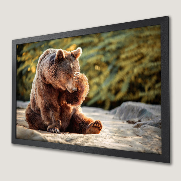 Framed Poster featuring a thoughtful brown bear in a naturalistic style with warm, earth-tone colors. Perfect wildlife art!