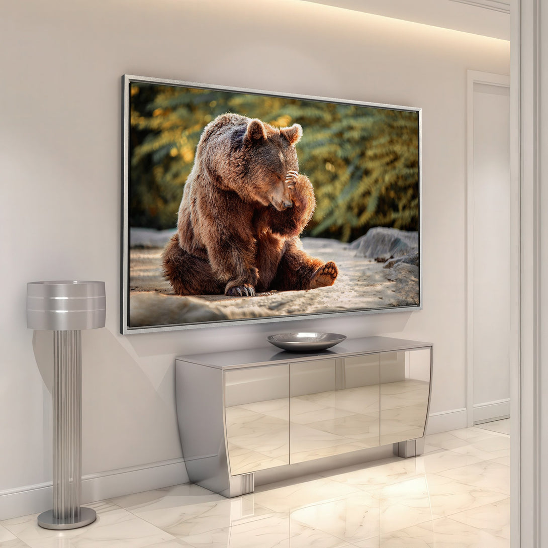 Framed Wall Art: Majestic bear canvas print in warm brown tones. Stunning wildlife art for your home decor. Add a touch of nature's beauty!