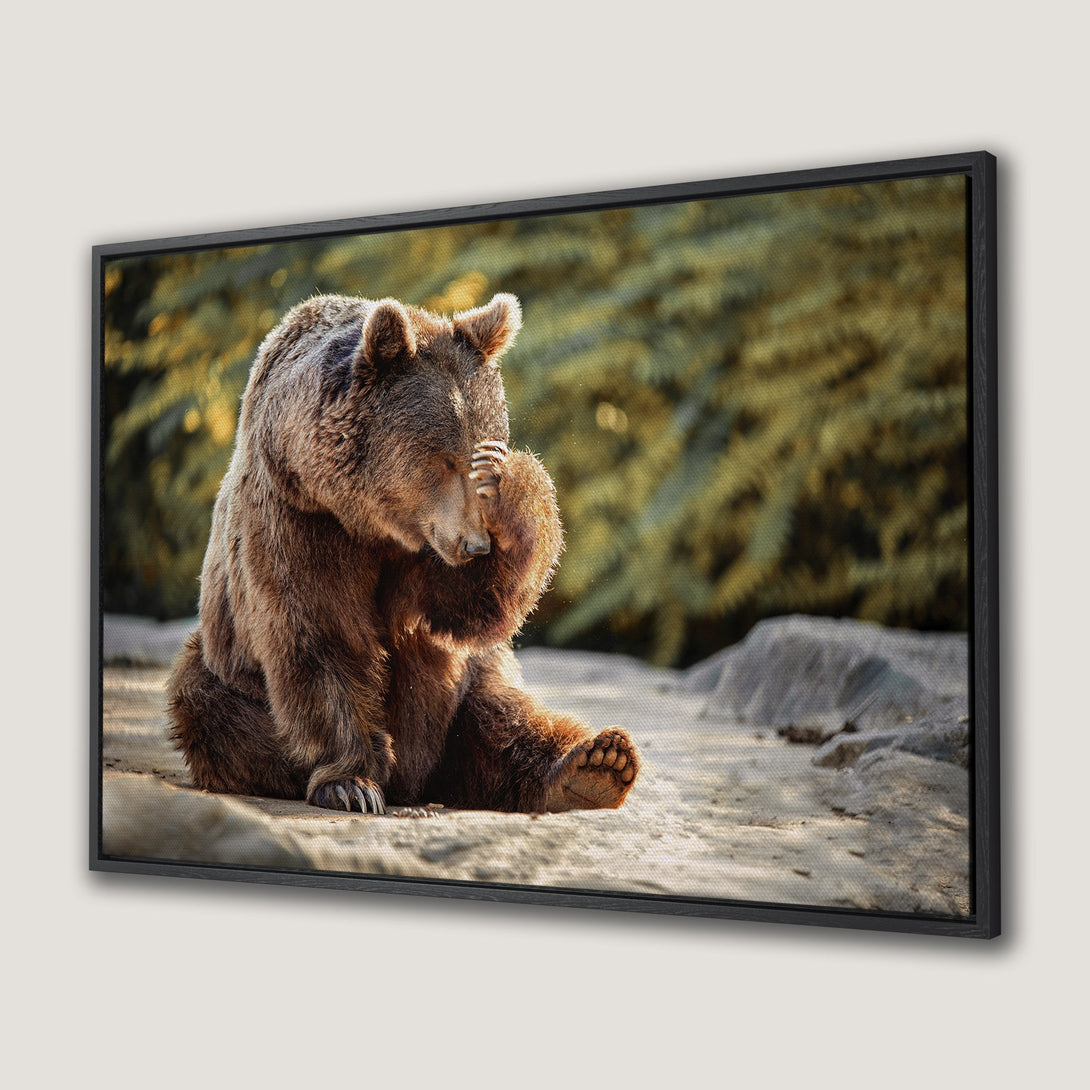 Framed Wall Art: Grizzly bear canvas print, warm brown and green tones. Nature-inspired wall decor for your home.