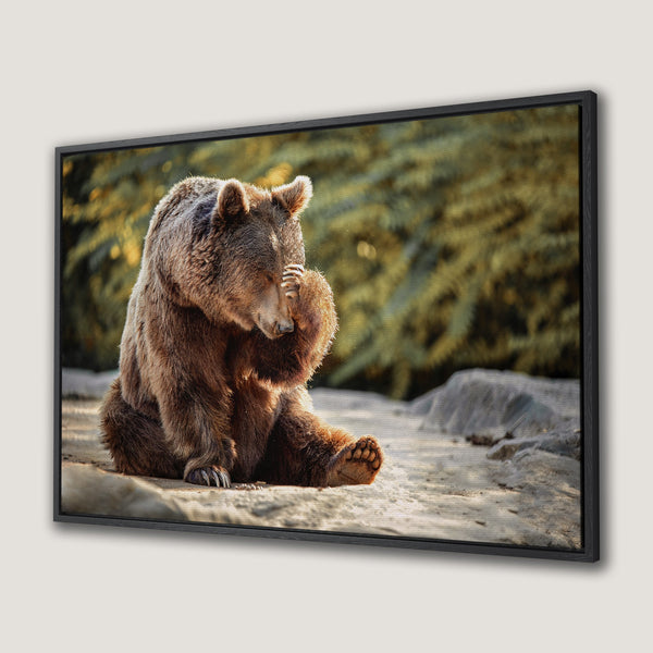 Framed Wall Art: Grizzly bear canvas print, warm brown and green tones. Nature-inspired wall decor for your home.