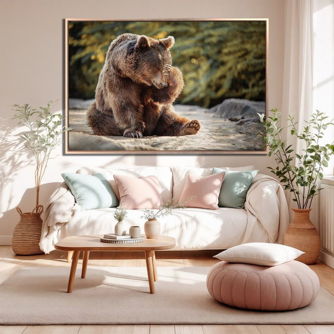 Framed Wall Art: Grizzly bear portrait in warm tones. Perfect for adding a touch of nature to your home decor. Earthy palette complements any interior style.