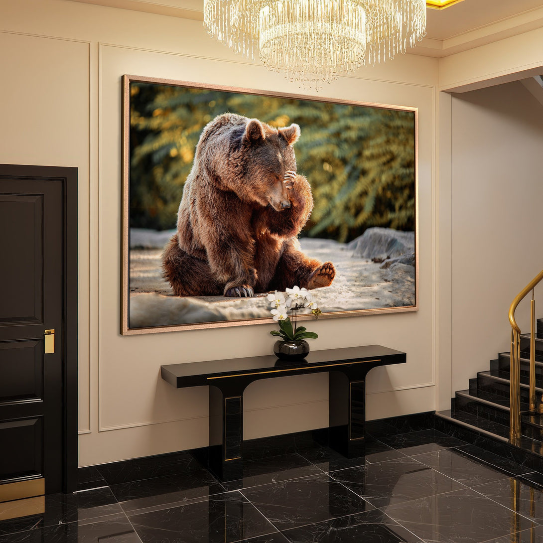 Framed Wall Art: Grizzly bear canvas print in a luxurious interior. Earthy tones and a touch of nature to elevate your space.