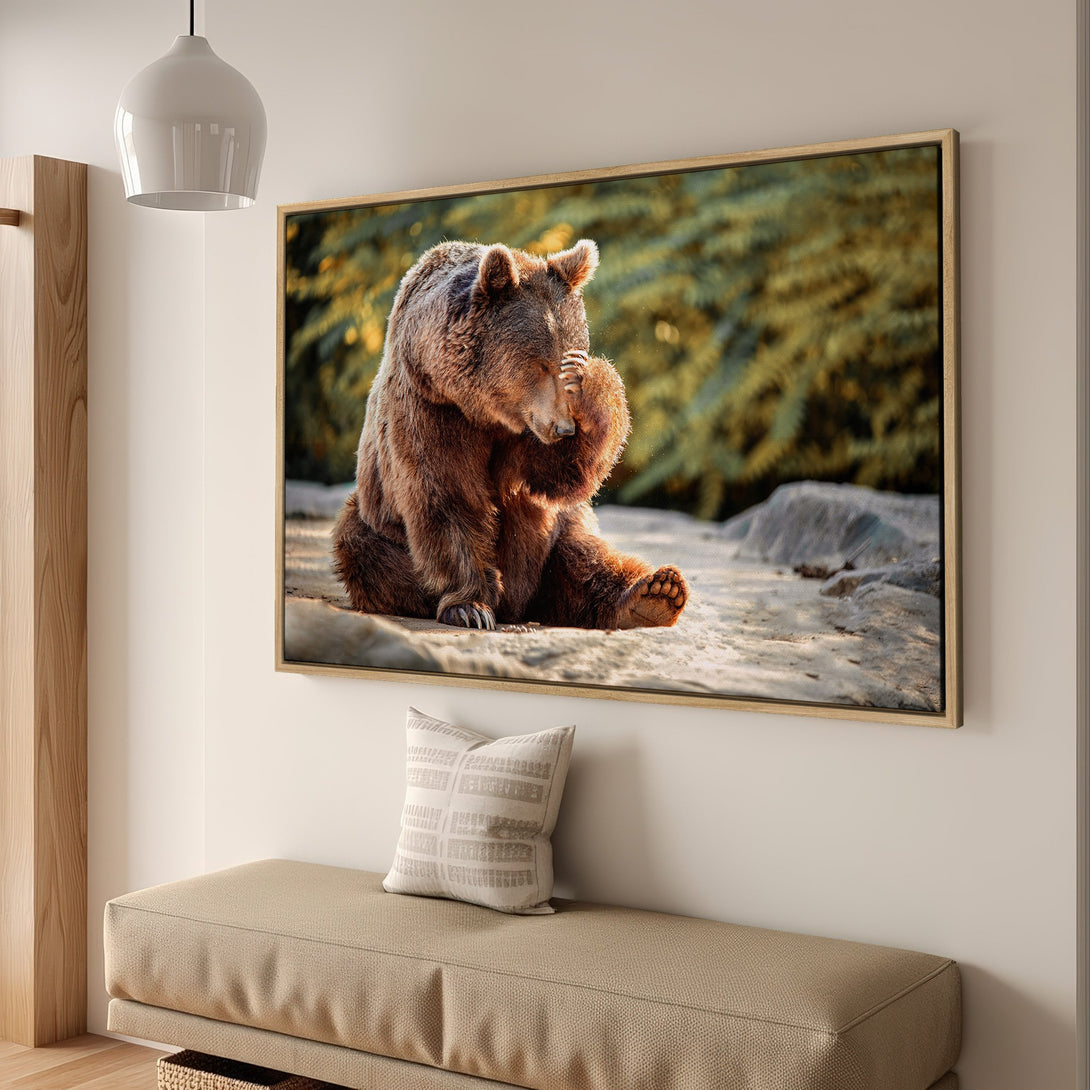 Framed Wall Art: Grizzly bear Canvas Print in warm brown tones. Nature-inspired artwork for a cozy interior. Add a touch of wildlife to your home decor!
