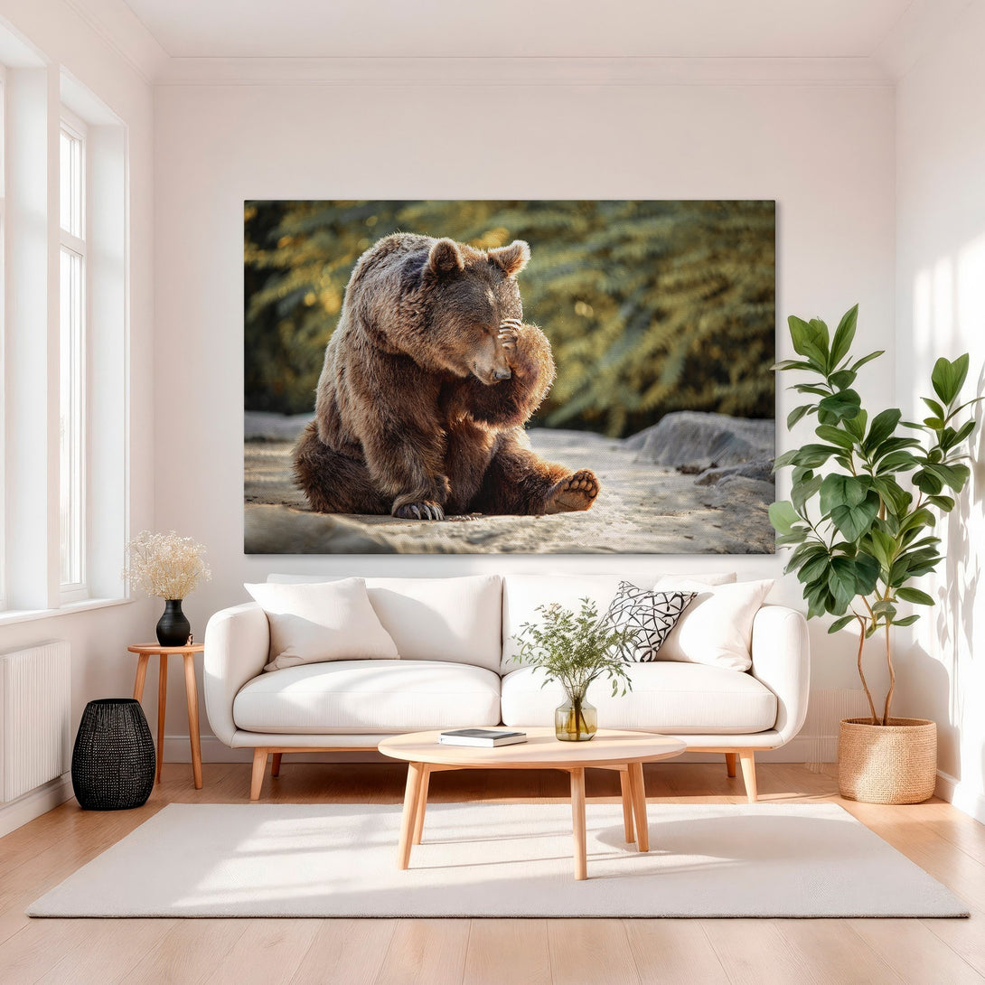 Framed Wall Art: Grizzly bear canvas print in warm tones. Rustic wildlife art for home decor. Brown, gold, and beige color palette.