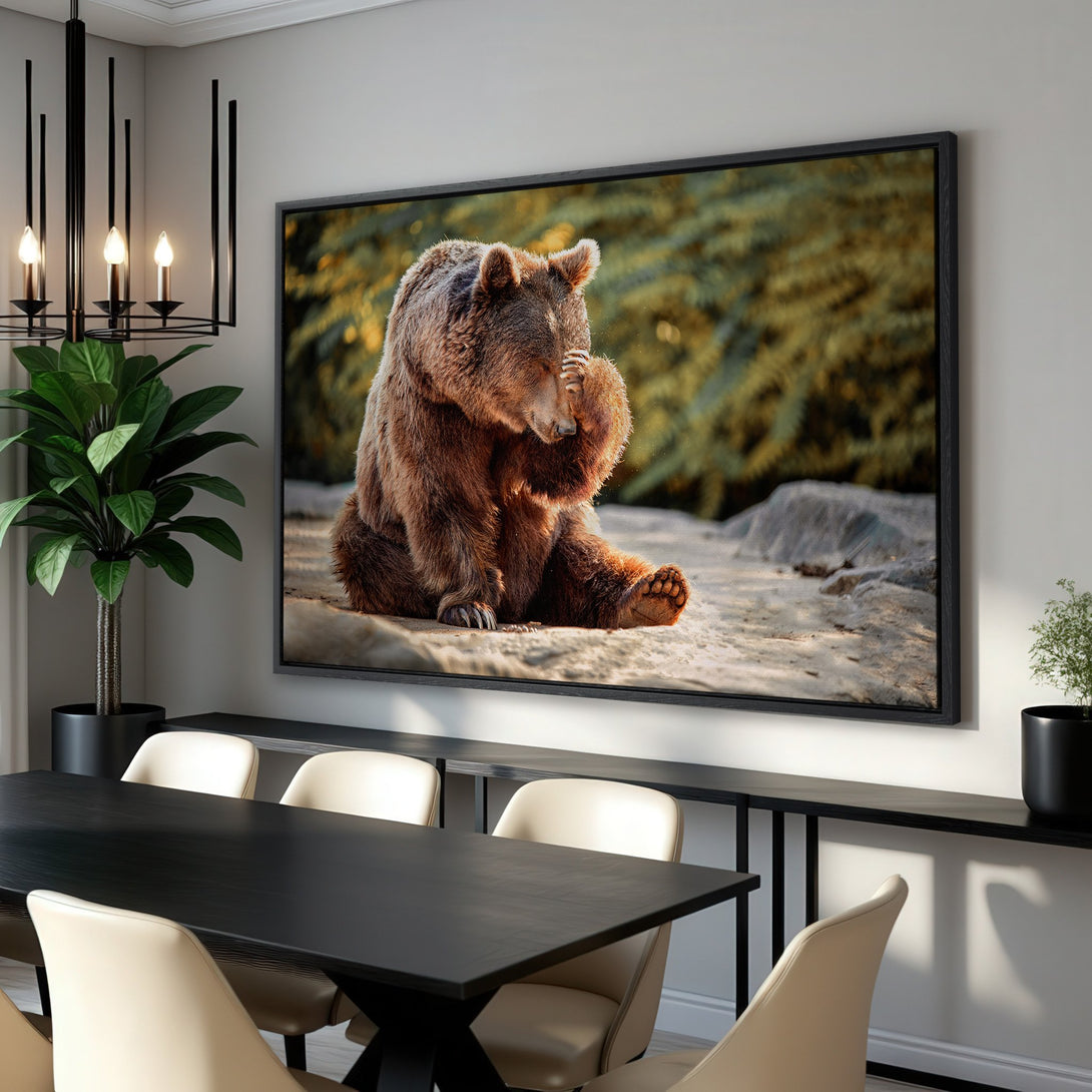 Framed Wall Art: Majestic brown bear canvas print in a natural setting. Earthy tones create a warm, inviting atmosphere. Perfect for nature lovers!