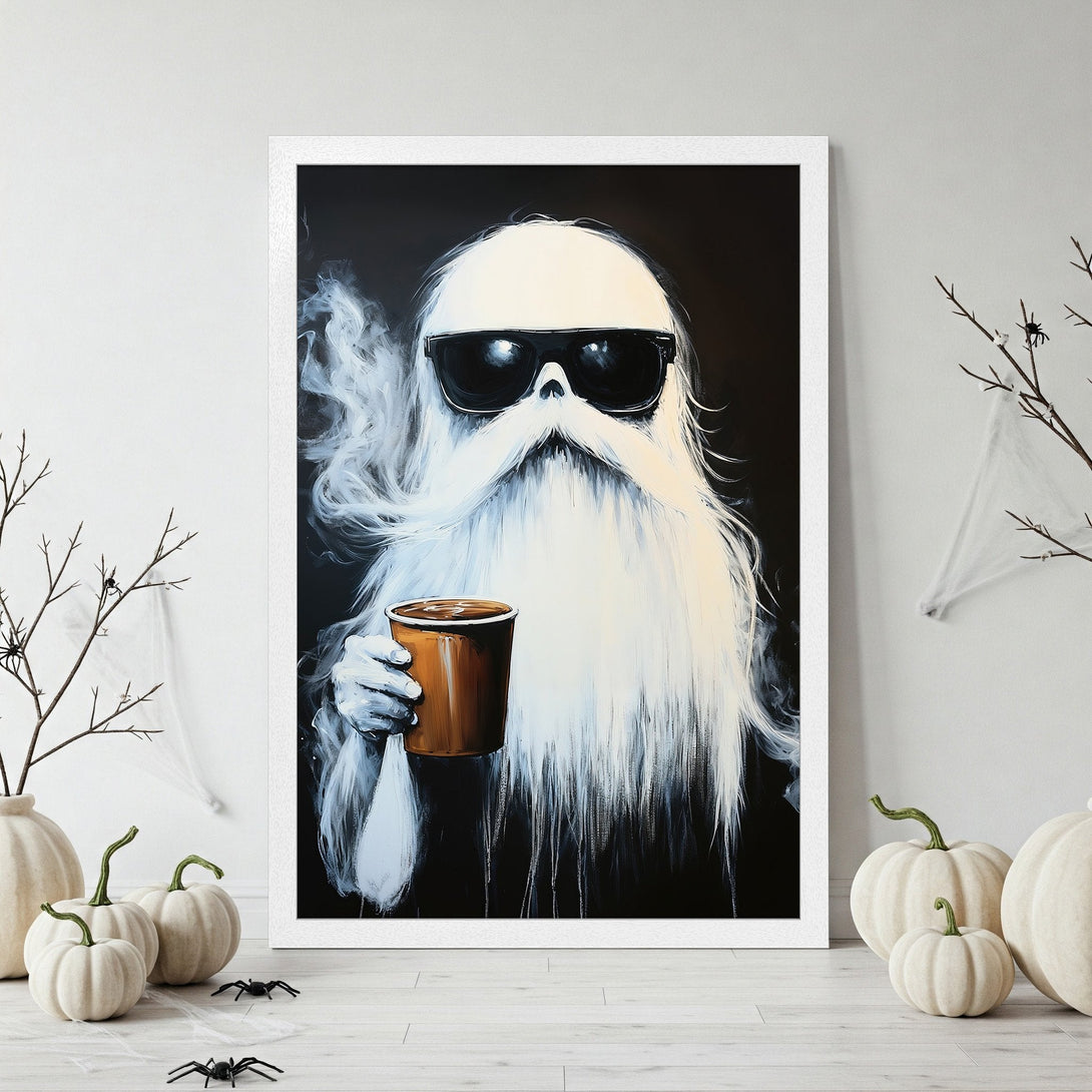 Framed Poster: Cool ghost with sunglasses, holding coffee. Modern art style, black & white palette with brown cup. Perfect Halloween decor!