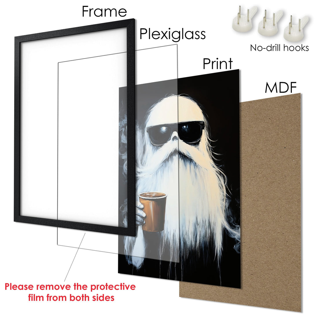 Framed Poster featuring a cool, bearded character in sunglasses, painted in a modern style with a black, white, and brown color palette.