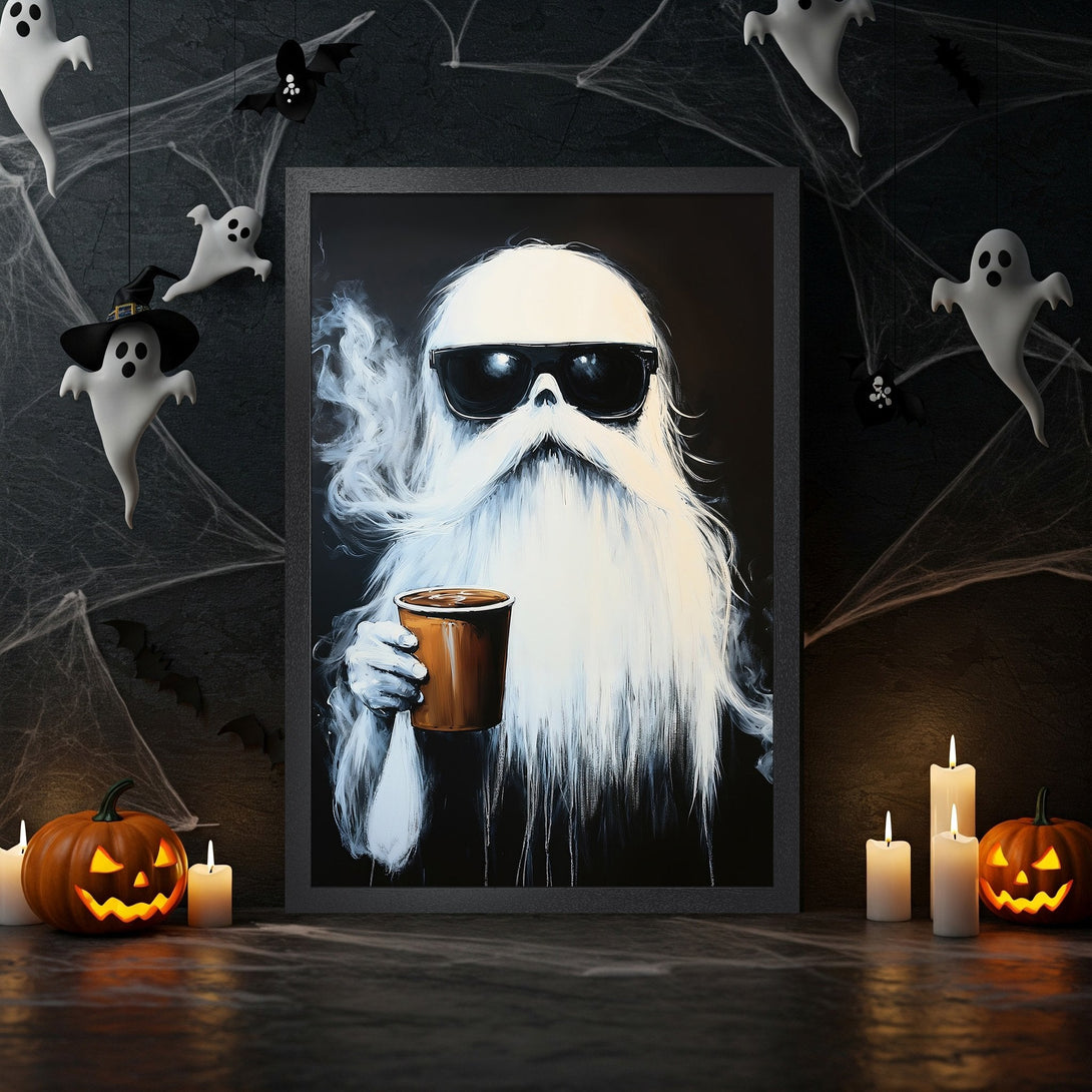 Framed Poster featuring a cool ghost with sunglasses, holding a coffee cup. Black and white art with a Halloween theme.